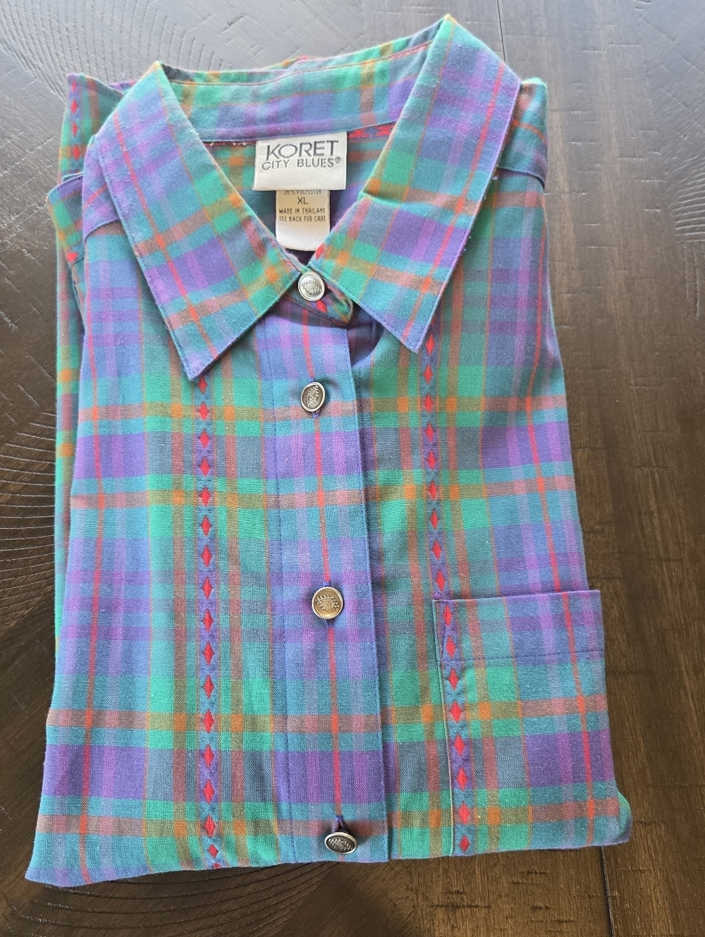 Vintage Koret City Blues Plaid Embroidered Shirt XL | Southwest Boho Button Dow - Picture 13 of 14